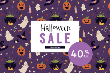 Happy Halloween sale 40 p.c. off banner template, cartoon style. Discount promotion layout poster for web or social media, advertising, flyers. Trendy vector illustration, hand drawn, flat.