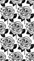 Seamless vector line art pattern made of black hand drawn roses flowers with leaves and stem on white