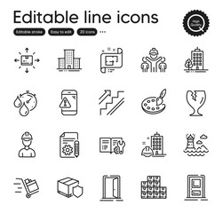 Set of Industrial outline icons. Contains icons as Push cart, Architectural plan and Engineering documentation elements. Documentation, Lighthouse, University campus web signs. Vector