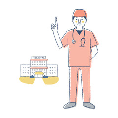 指差しポーズの外科医師と病院