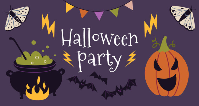 Happy Halloween Party! Horizontal banner with cauldron and pumpkin, cartoon style. Trendy modern vector illustration, hand drawn, flat