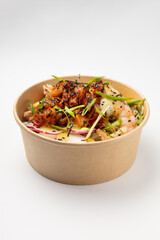 Poke with shrimp, corn and green onions on a white background