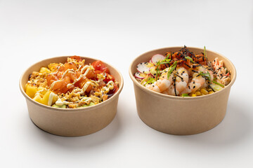 Several poke with fresh salmon, tuna, sauce on a white background