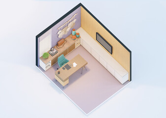 Teenagers study room in Boho style isometric view