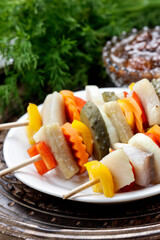 Shashlik made of fish and vegetables