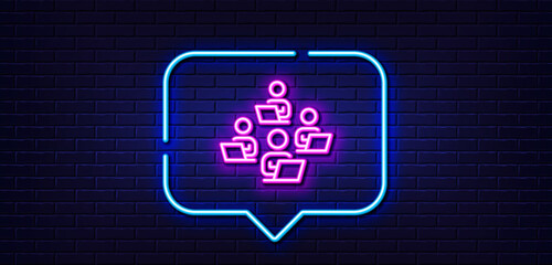 Neon light speech bubble. Teamwork line icon. Remote office sign. Team employees symbol. Neon light background. Teamwork glow line. Brick wall banner. Vector