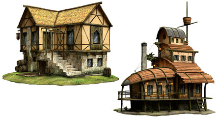 Fantasy tavern buildings 3D illustrations	 - obrazy, fototapety, plakaty