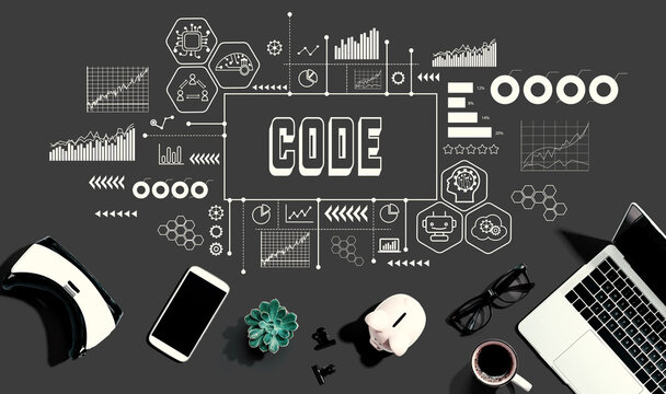 Code with electronic gadgets and office supplies - flat lay