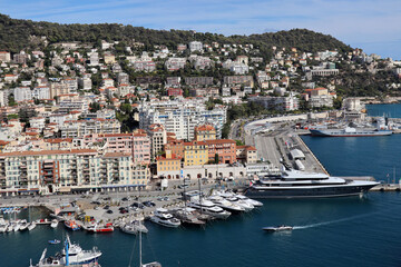 Fototapeta na wymiar Nice, France - 25.09.2022: View of Nice and its port from Mont Boron park