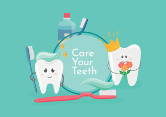 Care your teeth banner. Poster with cute smiling cartoon teeth. Stomatology, dental concept. Flat style cartoon character illustration. Dental kids care banner. Care your teeth