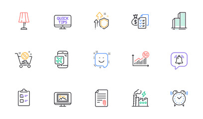 Smile, Improving safety and Alarm clock line icons for website, printing. Collection of Attachment, Flight mode, Web tutorials icons. 5g statistics, Table lamp, Photo thumbnail web elements. Vector