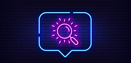 Neon light speech bubble. Search line icon. Find document sign. Magnify glass. Neon light background. Search glow line. Brick wall banner. Vector