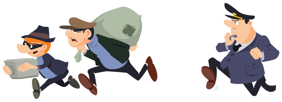 Policeman is chasing robbers. Illustration for internet and mobile website.