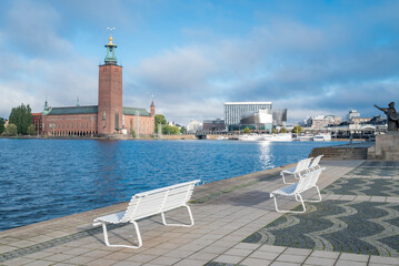 View of Stockholm City Hall Stadshuset, building of Stockholm and Kungsholmen island, Sweden