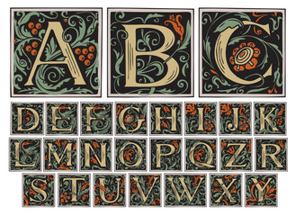Vintage Alphabet, vector set of hand-drawn ornate initial alphabet letters on a light background. Luxury design of Beautiful royal font for card, invitation, monogram, label, logo