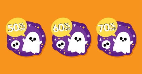 Obraz premium Halloween sale tag. Happy Halloween. Sale Coupon, voucher and tag. Vector illustration. Sale tag 50%, 60%, 70%.