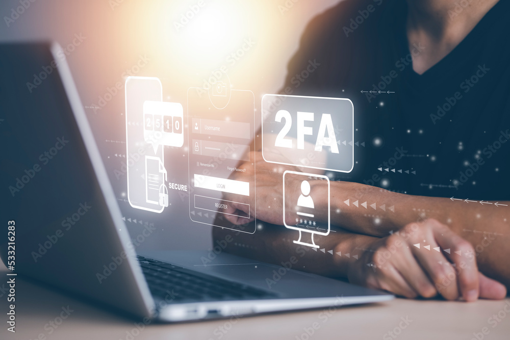 Poster businessman with cybersecurity privacy protect data. 2fa internet network security technology, two f