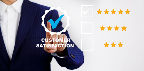 Businessman touch with Customer review satisfaction feedback survey concept, User give rating to...