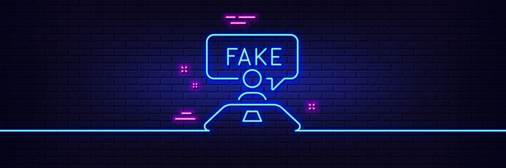 Neon light glow effect. Fake review line icon. Social propaganda sign. Wrong truth symbol. 3d line neon glow icon. Brick wall banner. Fake review outline. Vector