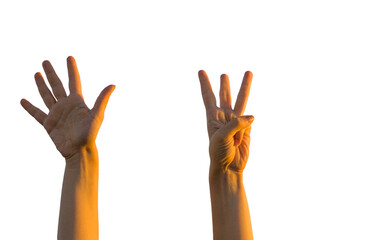 Hand making number eight gesture on transparent background.