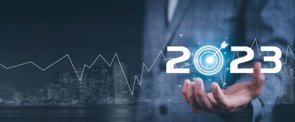 Business touch target and number new year2023, innovative idea of ​​inspiration from online technology, Changes in new planning, Business growth, ideas and perspectives.