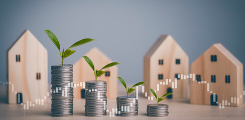 Concept Home with Coins stack and  leaf with line graph business on home background, Saving  ideas...