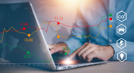 Laptop and eco with energy worker interface, sustainable development with renewable energy icon,conservation of natural resources Environmental protection,electric car, powerplant, energy transmission