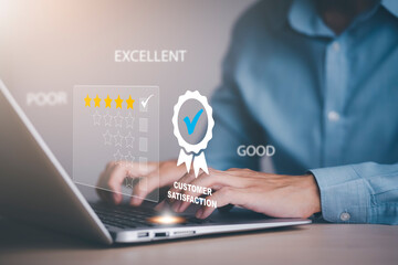 Quality assurance of business services, Businessman Hand shows the sign of the top service Quality...