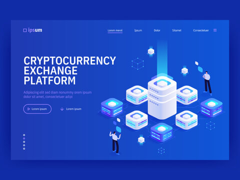 Cryptocurrency exchange platform isometric vector image on blue background. Digital place to buy and sell cyber cash. Free business. Web banner with space for text. Composition with 3d components