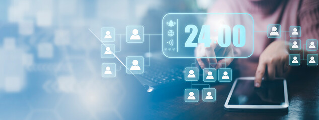 Clock 24h service and people icon Concept, Business Woman hand touch Graph clock and line people icon, time management and business work planning, idea and concept, time clock with work