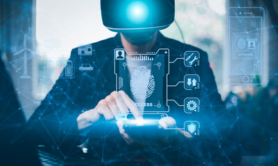 Man wearing VR glasses  touchgraph scan the protection system cyber security, Login, User, Cybersecurity privacy protect data. 2FA internet network security technology,Cyber Security privacy.