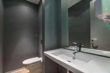 Bathroom in the office with gray walls, large mirror, sink and toilet.