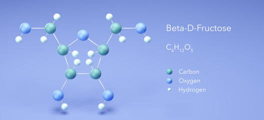 beta-d-fructose, molecular structures, sugar, 3d model, Structural Chemical Formula and Atoms with Color Coding