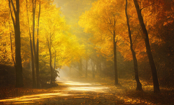 Alley turn in an autumn park, spots of light, sun rays shining through golden foliage. Digital 3D illustration