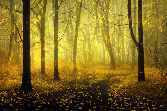 Autumn in an enchanted forest, mysterious golden fog, falling yellow leaves. Digital 3D illustration
