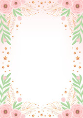 Fototapeta na wymiar Floral background. Beautiful frame of roses and gold leaves. Vector illustration 10 EPS.