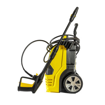 A Yellow High-pressure Washer On Wheels Is Isolated On A White Background.