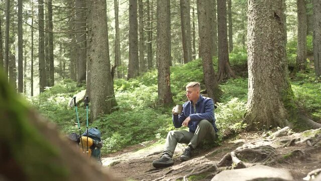 Boy tourist drinks tea at a rest stop in the forest. During the hike, the man took a break to drink coffee. Beautiful nature and a person resting. High quality 4k footage