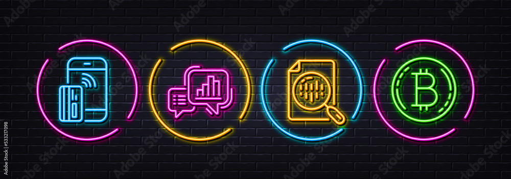 Poster analytics chart, contactless payment and graph chart minimal line icons. neon laser 3d lights. bitco