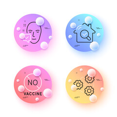 Face accepted, Gears and No vaccine minimal line icons. 3d spheres or balls buttons. Inspect icons. For web, application, printing. Access granted, Work process, Covid-19 treatment. Vector