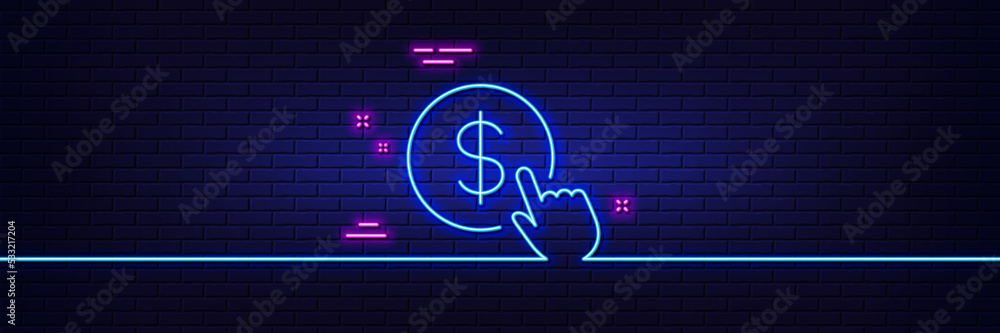 Poster neon light glow effect. hand click line icon. currency exchange sign. cursor pointer symbol. to pay 