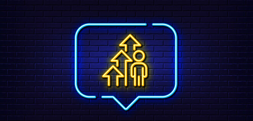 Neon light speech bubble. Employee result line icon. Business growth statistics sign. Human resource symbol. Neon light background. Employee result glow line. Brick wall banner. Vector