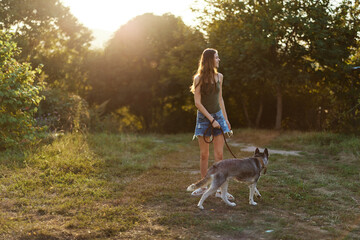 A woman runs her back to the camera with a dog in the forest during an evening walk in the forest at sunset in autumn. Lifestyle sports training with your beloved dog