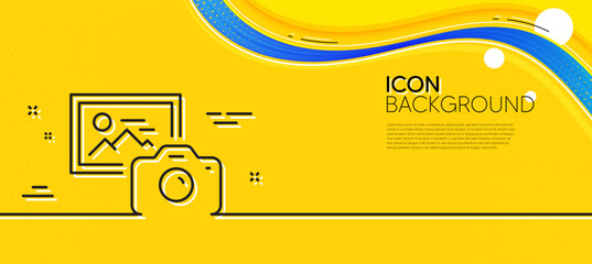 Naklejka na ściany i meble Photo camera line icon. Abstract yellow background. Image photography sign. Picture placeholder symbol. Minimal photo camera line icon. Wave banner concept. Vector