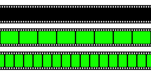Realistic blank film strip, camera roll. Old retro cinema movie strip with green chroma key background. Analog video recording and photography. Visual effects compositing. Vector illustration
