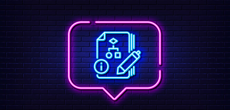 Neon light speech bubble. Documentation with algorithm line icon. Technical instruction sign. Neon light background. Algorithm glow line. Brick wall banner. Vector
