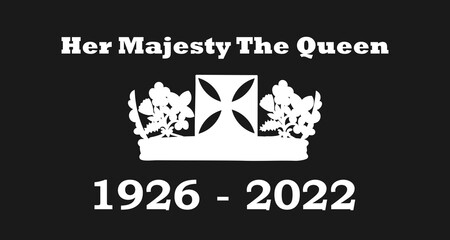 Death of Queen Elizabeth, white silhouette crown, diamond tiara on black background. - obrazy, fototapety, plakaty