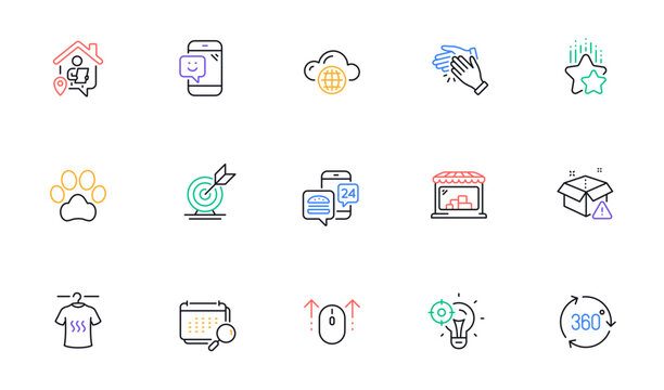 360 degree, Clapping hands and Ranking stars line icons for website, printing. Collection of Dog paw, Swipe up, Calendar icons. Market, Work home, Dry t-shirt web elements. Seo idea. Vector