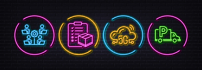 5g cloud, Teamwork and Parcel checklist minimal line icons. Neon laser 3d lights. Truck parking icons. For web, application, printing. Wifi internet, Remote work, Logistics check. Free park. Vector