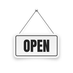 Realistic open hanging signboard. Vintage door sign for cafe, restaurant, bar or retail store. Announcement banner, information signage for business or service. Vector illustration